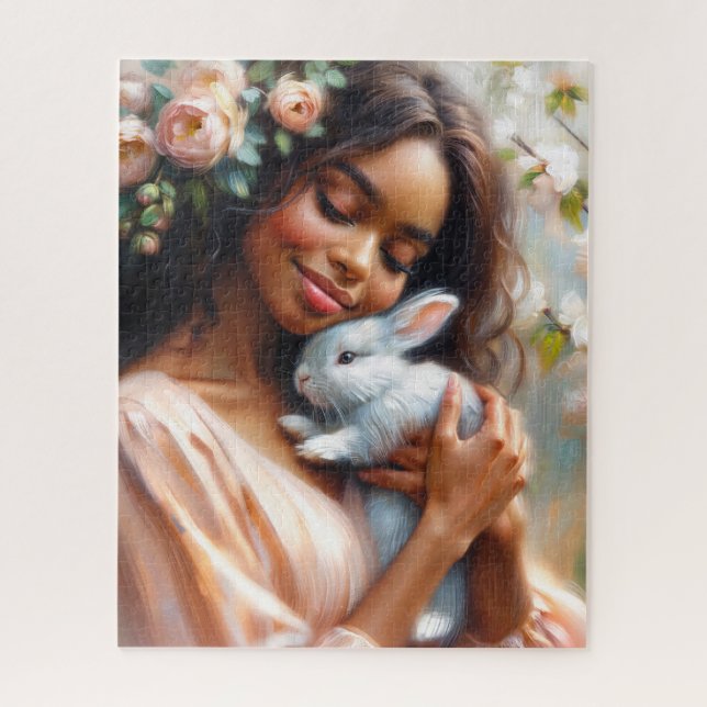 Serene Black Woman With Rabbit Floral Art Puzzle (Vertical)