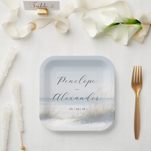 Serene Blue Beach Scene Paper Plate (Wedding)