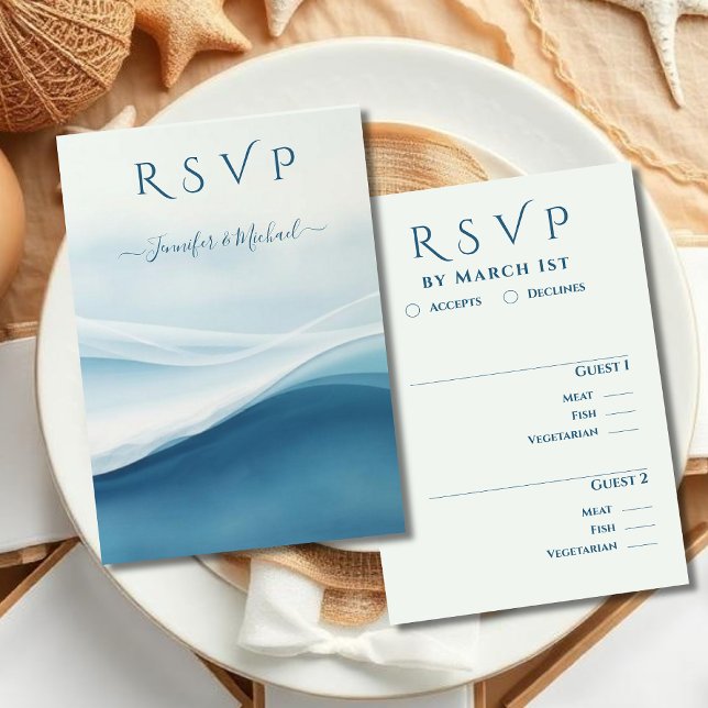 Serene Blue Beach Wedding Meal options RSVP Card (Serene Blue Abstract Beach Wedding Meal options RSVP Card )