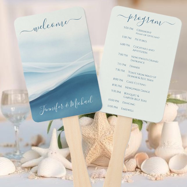 Serene Blue Beach Wedding Program Hand Fan (Serene Blue Abstract Wedding Program Hand Fan )