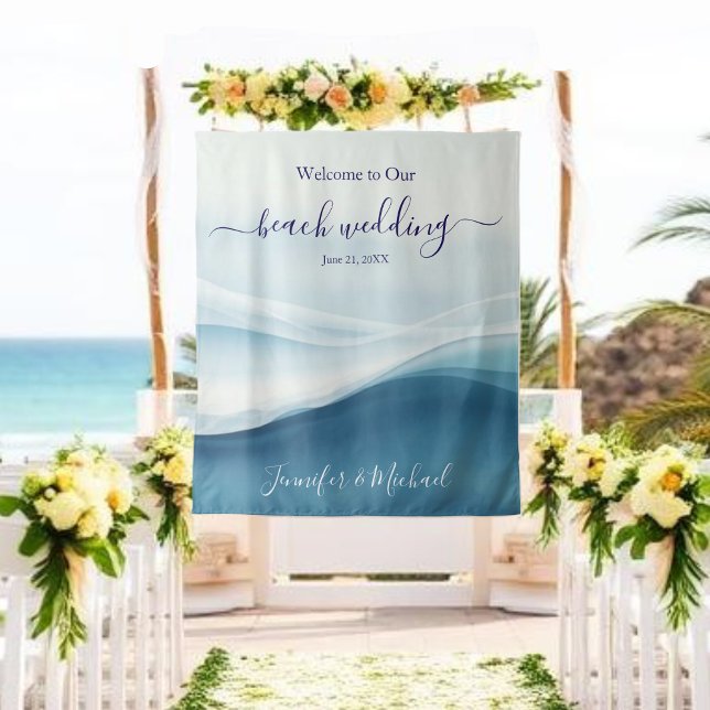 Serene Blue Beach Wedding Welcome Sign Tapestry (Serene Blue Beach Wedding Welcome Sign Tapestry)