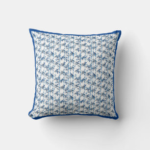 Serene Blue Bird on delicate bamboo stalks Throw Pillow