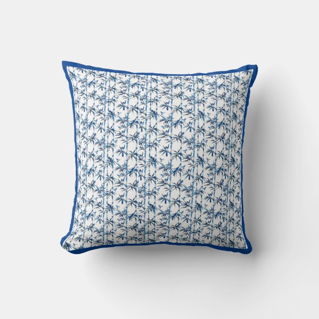 Serene Blue Bird on delicate bamboo stalks Throw Pillow (Front)
