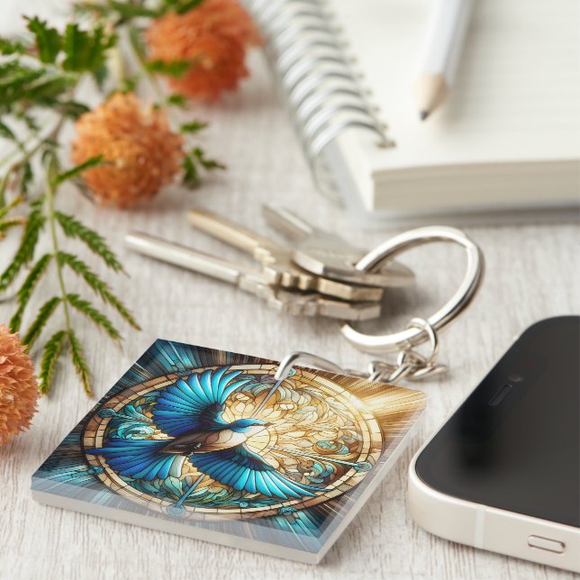 Serene Blue Bird Perched on Stained Glass Keychain (Front Right)