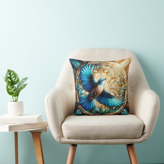 Serene Blue Bird Perched on Stained Glass Throw Pillow (Chair)