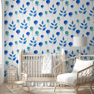 SERENE Blue Buds and Green Leaves Watercolor Wallpaper