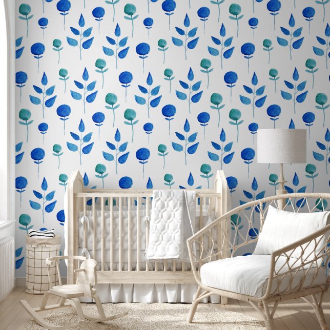 SERENE Blue Buds and Green Leaves Watercolor Wallpaper (Kids)