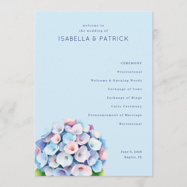 Serene Blue Floral Wedding Ceremony Program (Front)