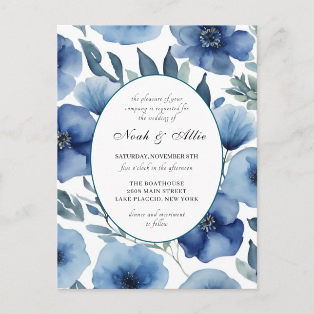 Serene Blue Floral Wedding Invitations (Front)