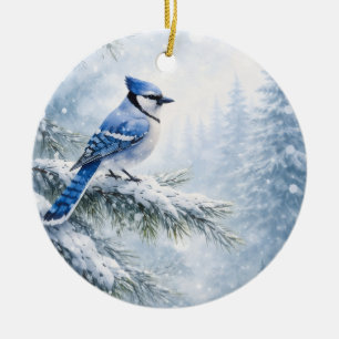 "Serene Blue Jay in Winter Snow Watercolor - Folde Ceramic Ornament