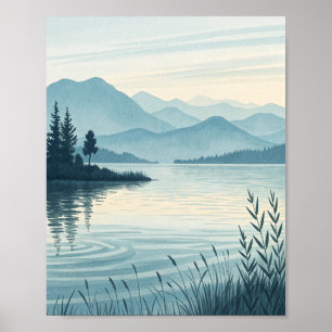 Serene Blue Lake at Twilight: A Minimalist Waterco Poster