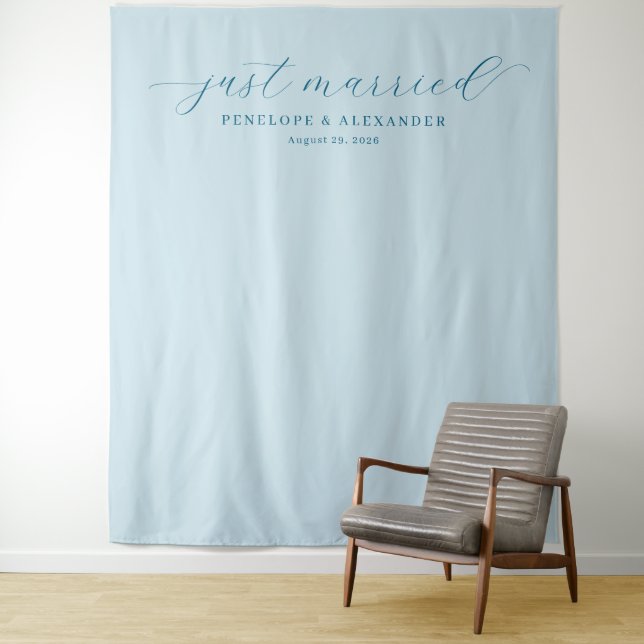 Serene Blue Minimalist Wedding Backdrop Tapestry (In Situ)