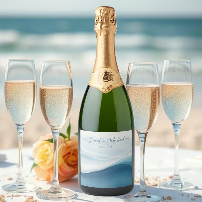Serene Blue Modern Beach Sparkling Wine Label (Serene Blue Modern Abstract Sparkling Wine Label )