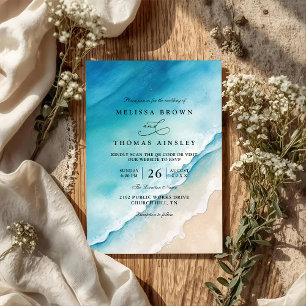 Serene Blue Ocean Beach Elegant QR Code Wedding Invitation
