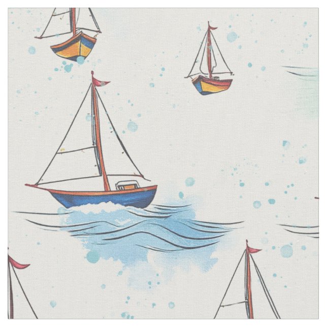 Serene Blue Red Sailing Boats on Sea Pattern  Fabric (Close Up)