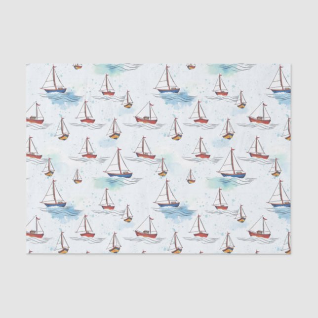 Serene Blue Red Sailing Boats on Sea Pattern Tissue Paper (Front)