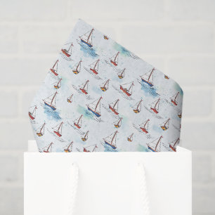 Serene Blue Red Sailing Boats on Sea Pattern Tissue Paper