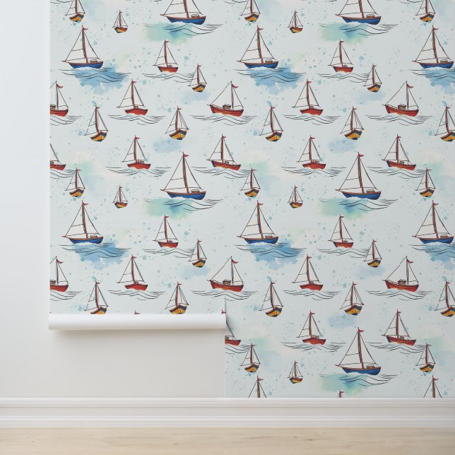 Serene Blue Red Sailing Boats on Sea Pattern Wallpaper (Application)