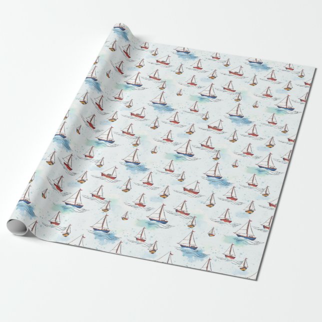Serene Blue Red Sailing Boats on Sea Pattern Wrapping Paper (Unrolled)