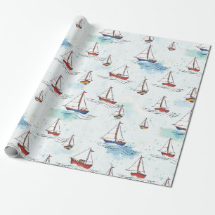 Serene Blue Red Sailing Boats on Sea Pattern Wrapping Paper