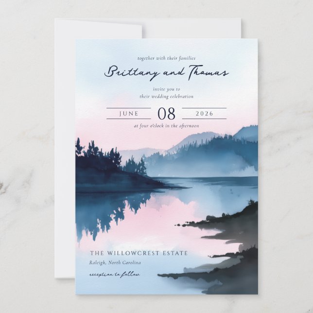 Serene Blue Watercolor Lakeside Scene Invitation (Front)