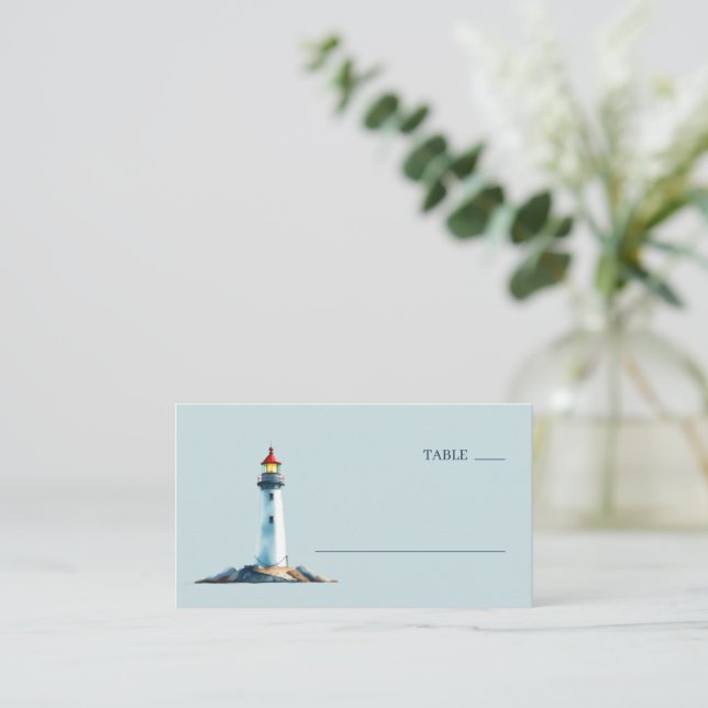 Serene Blue Watercolor Lighthouse Place Card (Standing Front)