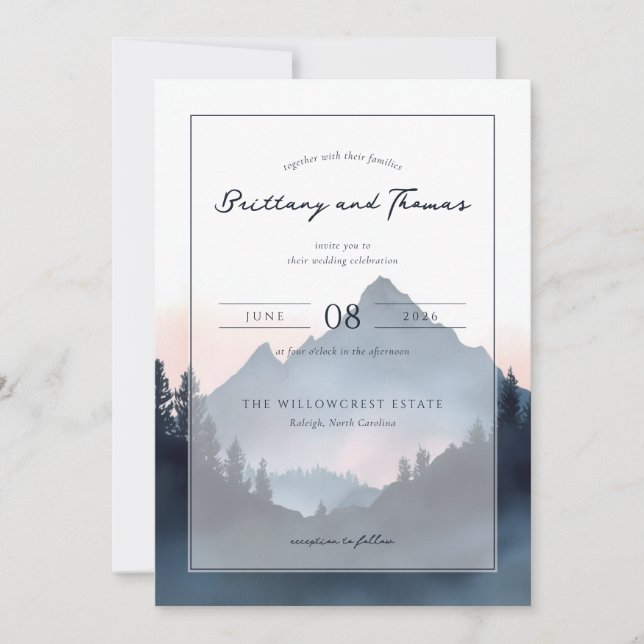 Serene Blue Watercolor Mountain Landscape Invitation (Front)