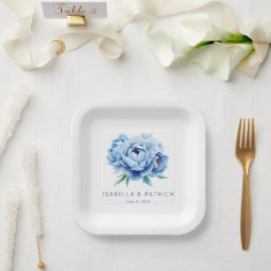 Serene Blue Watercolor Peonies Paper Plate