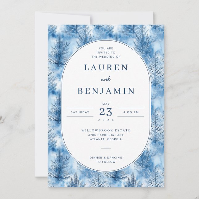 Serene Blue Watercolor Pine Trees Invitation (Front)
