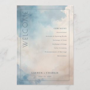 Serene Blue Watercolor Wedding Ceremony Schedule Program