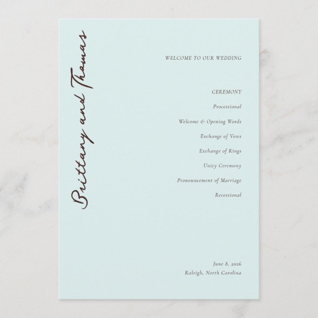 Serene Blue Wedding Ceremony Program (Front)