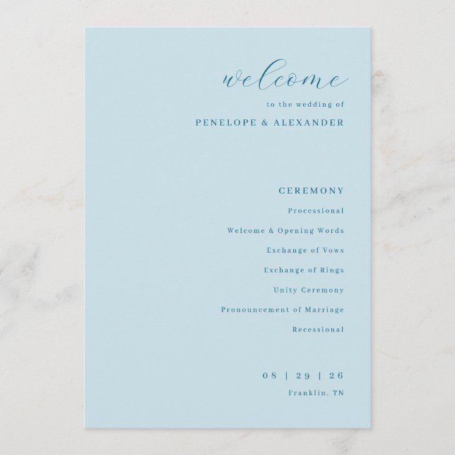 Serene Blue Wedding Ceremony Schedule Program (Front)