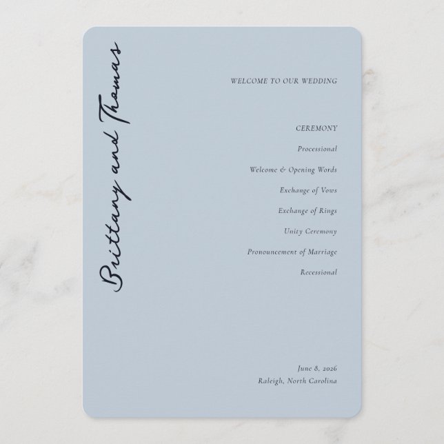 Serene Blue Wedding Ceremony Schedule Program (Front)