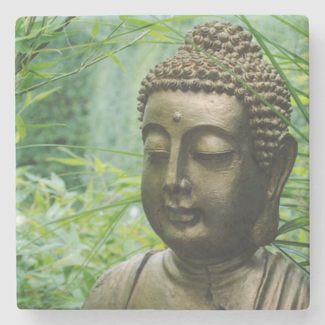 Serene Buddha Statue in a Leafy Green Forest Stone Coaster (Front)
