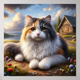 Serene Calico Cat in a Tranquil Countryside Poster