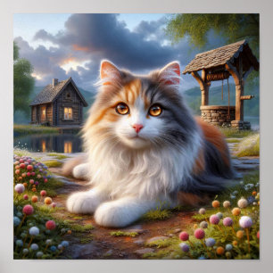 Serene Calico Cat in a Tranquil Countryside Poster