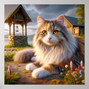 Serene Calico Cat in a Tranquil Countryside Poster
