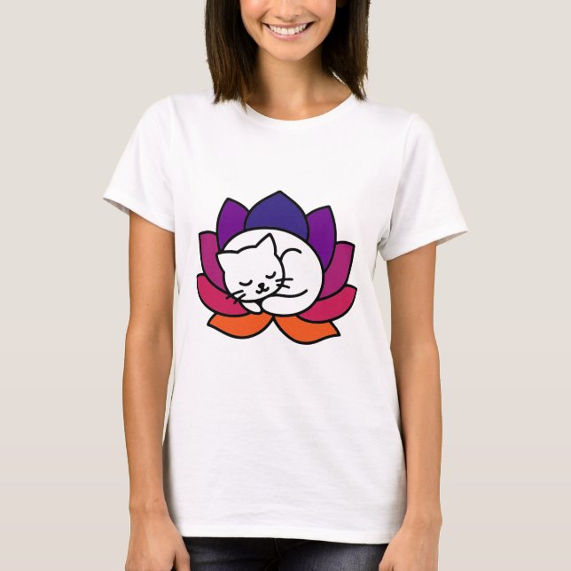 Serene Cat Lotus Illustration T-Shirt (Front)