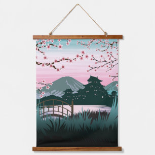 Serene Cherry Blossom Japanese Landscape Vertical Hanging Tapestry