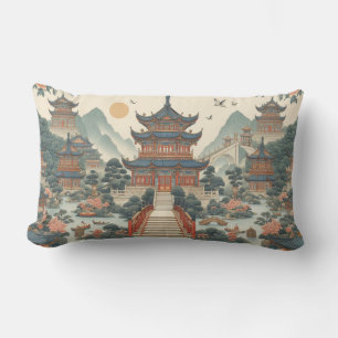 Serene Chinoiserie Pagoda Scenic Asian-Inspired Lumbar Pillow
