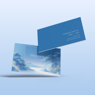 Serene Chinoiserie Winter Blue Pine Gold Frame Business Card