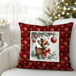 Serene Christmas scene baby deer kids room decor  Throw Pillow