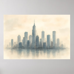 Serene Cityscape Reflection Print, Modern Skyline Poster