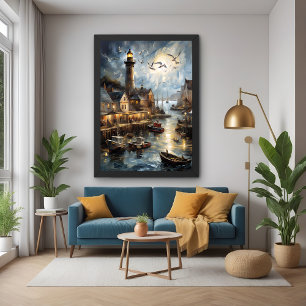 Serene Coastal Village at Dusk Nautical Harbour Ar Poster