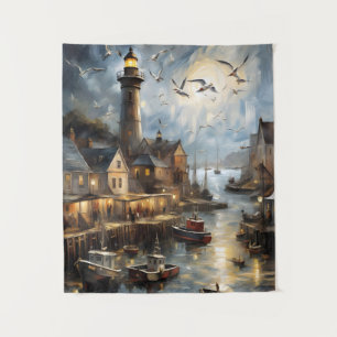 Serene Coastal Village at Dusk Nautical Harbour Ar Tapestry