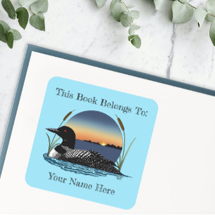 Serene Common Loon Sunset Blue Lake Bookplate Square Sticker