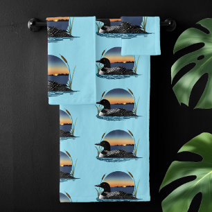 Serene Common Loon Sunset Blue Wildlife Lake Bath Towel Set