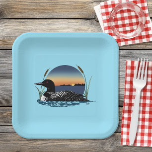 Serene Common Loon Sunset Blue Wildlife Lake Paper Plate