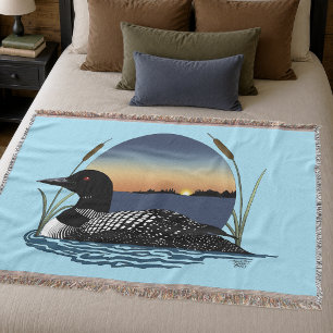 Serene Common Loon Sunset Blue Wildlife Lake Throw Blanket