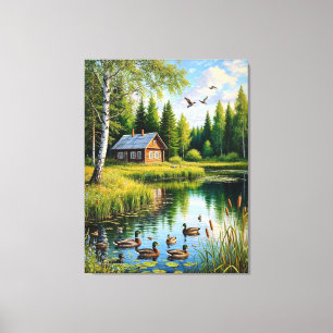 Serene Cottage by a Forest Pond with Ducks Canvas Print